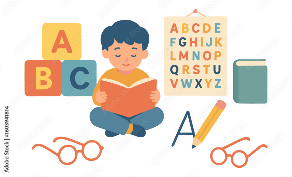 Child reading with alphabet blocks and learning tools in flat design ...