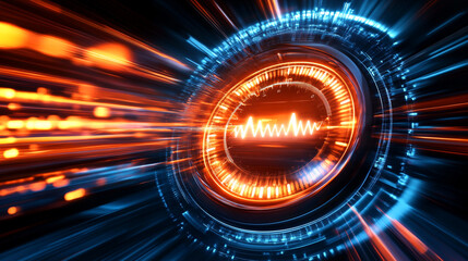 Wall Mural - futuristic digital interface glowing orange and blue light streaks speed data wave