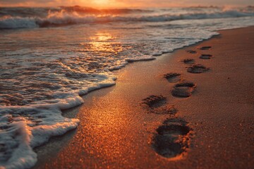 Wall Mural - Golden sunset illuminates beach with footprints near gentle ocean waves. Use for themes of travel, serenity, or personal journeys, new beginnings.
