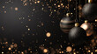 © Tohamina - Elegant black and gold Christmas ornaments hanging against a dark sparkly background