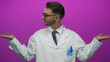 © Krakenimages.com - Scientist man wearing glasses and a white lab coat raising open palms in a purple studio; uncertainty.