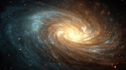 Golden spiral galaxy illustration, stars and cosmic dust are visible. Great for space exploration or scientific themed presentations.