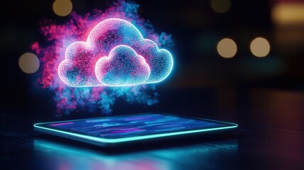 Wall Mural - digital cloud tablet, data transferring to computing symbolizing wireless technology and data storag