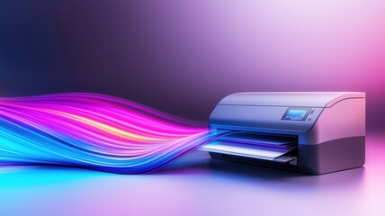 Wall Mural - sleek, wireless printer emanates colorful light cutting symbolizing speed, connectivity, and technol
