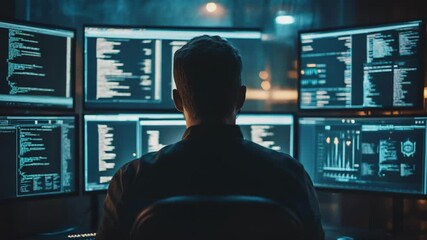 A focused programmer analyzing data on multiple computer screens.