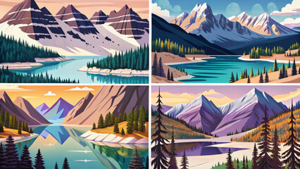 capturing Banff National Park’s set magic glacial lakes, snow‑capped ridges, dense pine forests, and rugged peaks reflecting serene alpine beauty in dramatic mountain scenery collection banner
