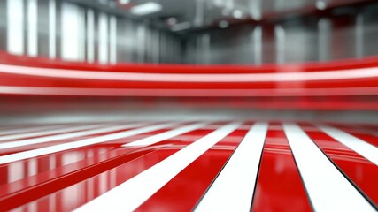 Wall Mural - abstract red and white striped floor with glossy reflective surface and blurred industrial backgroun