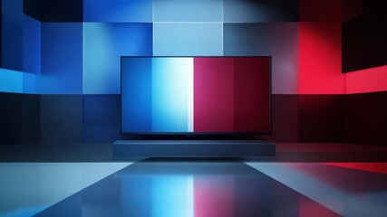 Wall Mural - modern television screen with blue and red light reflection in futuristic room featuring geometric w