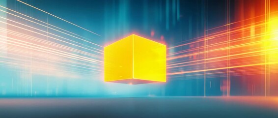 Wall Mural - glowing yellow cube floating within futuristic digital space featuring blue and orange light streaks