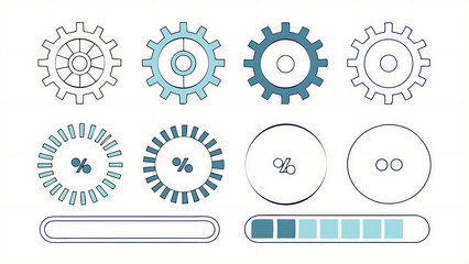 Collection of gears percentage circles and loading bars in blue and white vector illustration