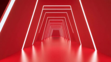 Wall Mural - futuristic red corridor tunnel with glowing neon light creating symmetrical geometric pattern reflec
