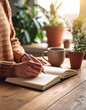 © David Andres - Persona escribiendo en su diario personal, taza de té al lado, escritorio de madera, plantas alrededor, estilo cálido y acogedor