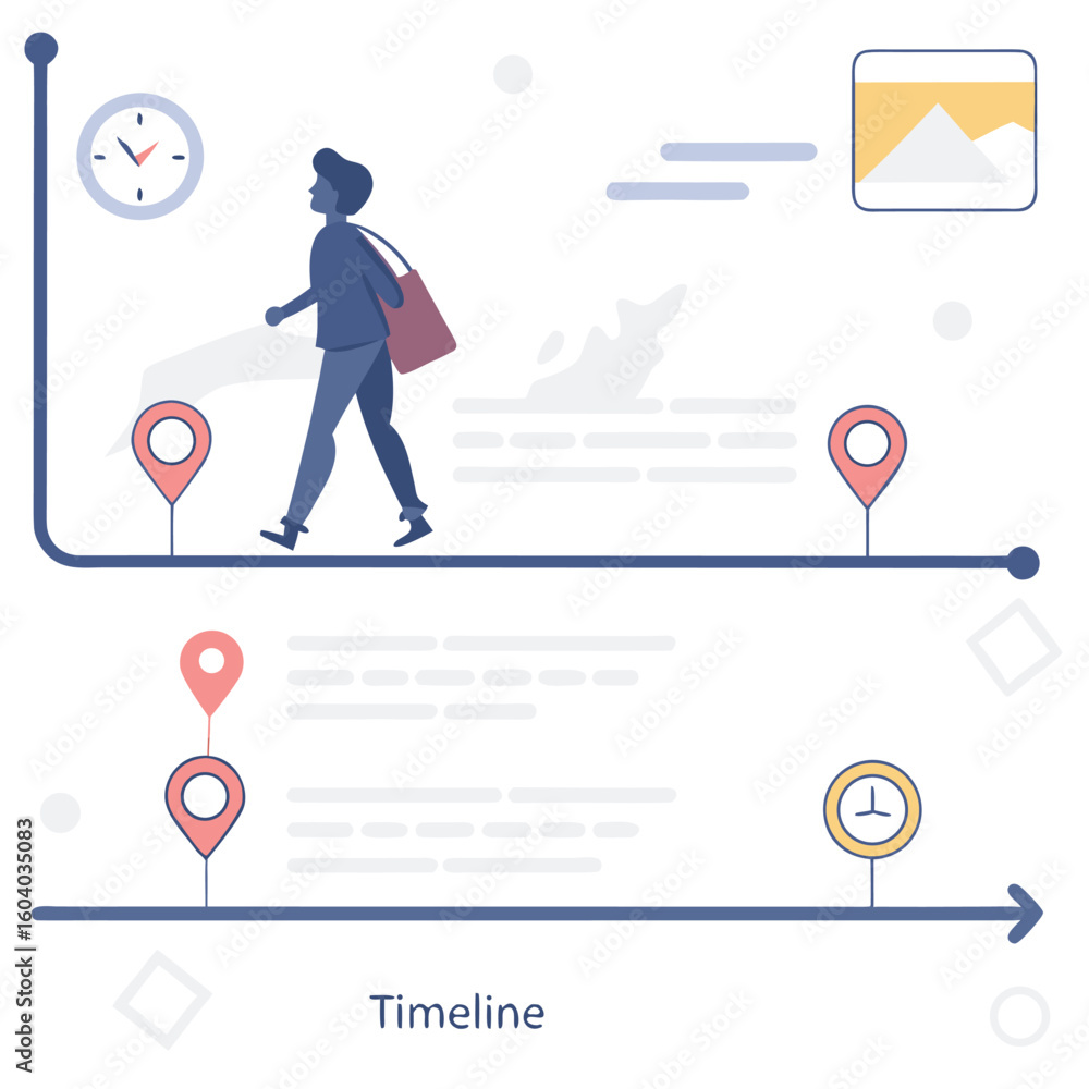 Illustration of a man walking along a timeline with clock image and ...