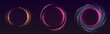 © klyaksun - Neon halo rings glowing on dark backdrop - circular light effects with golden and pink radiance, sparkling particles and luminous trails. Futuristic energy frames for cyberpunk designs, tech interface