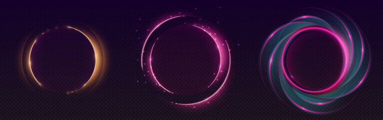 Wall Mural - Neon halo rings glowing on dark backdrop - circular light effects with golden and pink radiance, sparkling particles and luminous trails. Futuristic energy frames for cyberpunk designs, tech interface