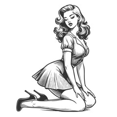 Wall Mural - glamorous pinup woman kneeling gracefully in a flared vintage dress and high heels sketch engraving 