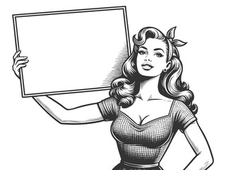 Wall Mural - smiling woman holding a blank sign, ideal for advertisements or announcements sketch engraving gener