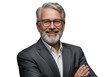 © Songpong - Portrait of a smiling man with glasses in a gray suit coat on transparent background