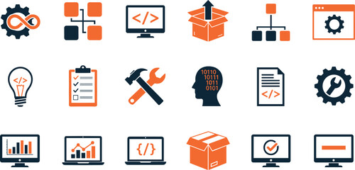 DevOps methodology and software development concept editable stroke outline icons set isolated on white background flat vector illustration. 