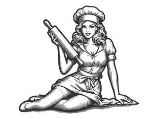 Wall Mural - glamorous woman in a chef outfit sitting on the floor and holding a rolling pin confidently sketch e