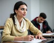 © lina - Focused young woman taking notes in a classroom setting.