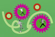 © deagreez - Art sketch 3d image full collage of happy businessman businesswoman run gearwheel optimization settings aim achievement growth