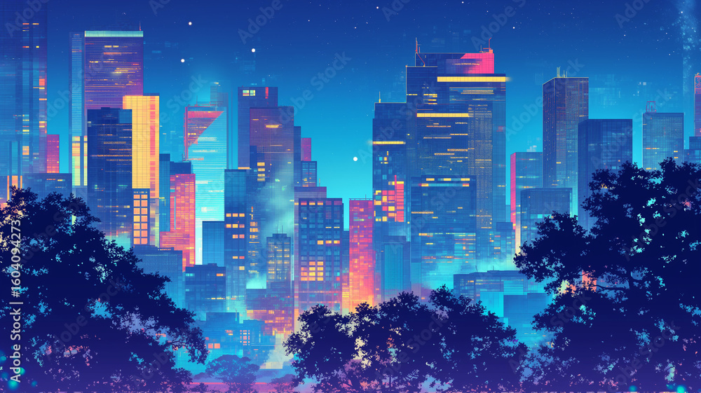 深夜の静寂に包まれた都会の高層ビル群を描いたアニメ風風景イラスト