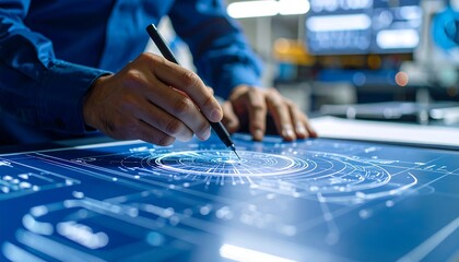 Engineer working on digital blueprint design using stylus for circuit board layout