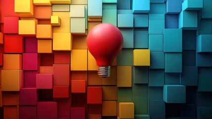 Wall Mural - red lightbulb on colorful geometric background, inspiration, idea, innovation