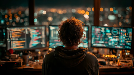 Tech Visionary at Work: A focused individual immersed in the world of technology, working diligently in front of multiple screens showcasing intricate coding and data visualizations.