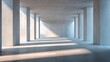 © frank - empty minimalist space with exposed concrete columns and walls, natural sunlight casting abstract light patterns, brutalist-inspired but refined, photorealistic composition with negative space, archit