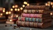 © Umri - English language vintage books stack with warm lighting, classic literature study concept for education design ads