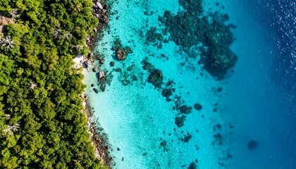  Tropical island coastline with turquoise water