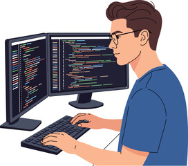 an illustration of a young programmer typing code on a laptop in a modern workspace.
