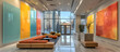 © john - Vibrant pastel hued plexiglass panels line a modern commercial interior with large windows, creating a colorful and airy atmosphere bathed in natural light.