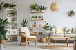 © Wanlisjutawani - Light-filled living room with wicker furniture and plants