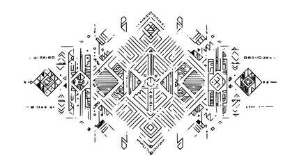 Geometric arrangement of shapes and lines forming a symmetrical design with a central diamond pattern element