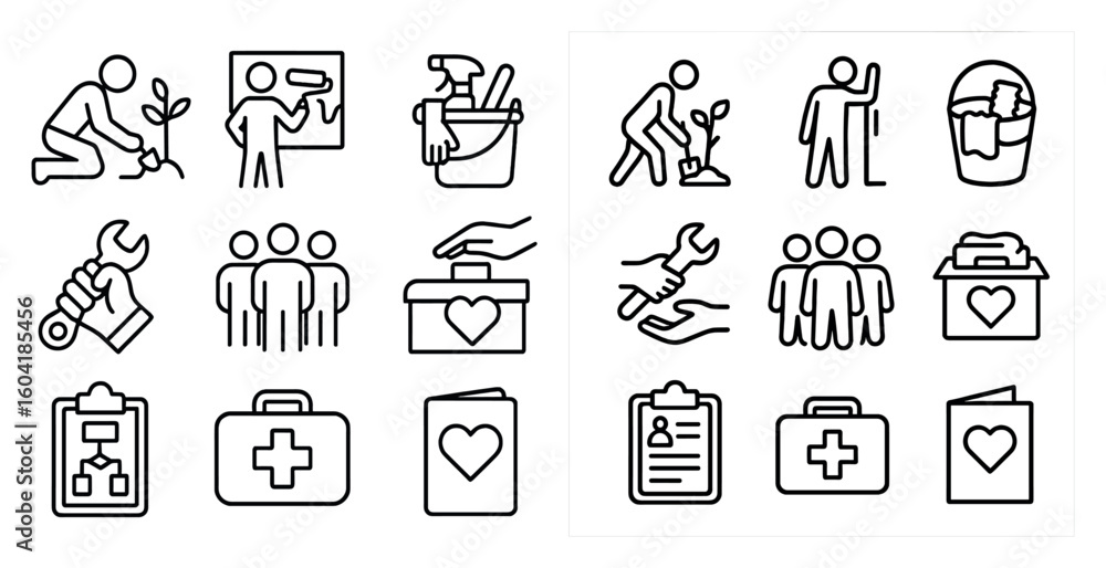 Charity and community outline icons set – helping, volunteer, social symbols