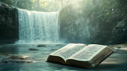 Wall Mural - open book near waterfall in serene forest setting