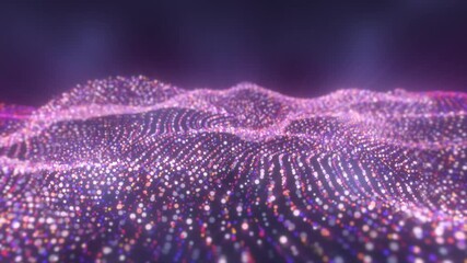 Wall Mural - pink and white glowing dots forming digital waves over a violet background with soft motion and dept