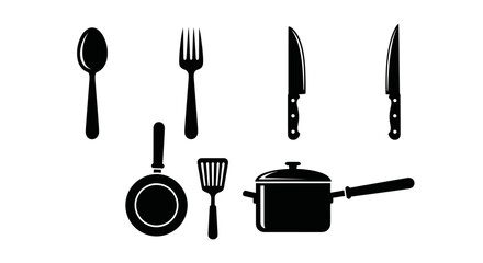 A collection of various kitchen utensils and cookware, presented in black and white.