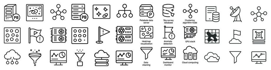 Data analysis line icons set – outline, linear, database and tech symbols