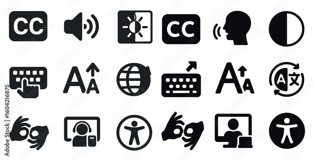 Accessibility and communication icons set – solid, filled, assistive ...