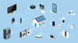 © ST.art - Smart home concept with solar cell, devices, security systems, appliances, and energy controls all managed through a central network with cloud connectivity, flat vector illustration