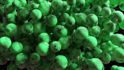 Wall Mural - green spheres bouncing and vibrating dynamically across dark surface, generating rhythmic abstract a