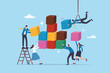 © Nuthawut - Build business framework, teamwork help development growth, improvement process or planning together, help or support team concept, business people help build framework block growing structure.