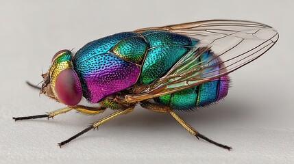colorful fly macro on white background, insect closeup, nature detail, vibrant bug, scientific photo