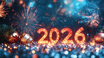 Wall Mural - golden shiny happy new year 2026 lettering animation with sparkling effects, festive christmas celeb