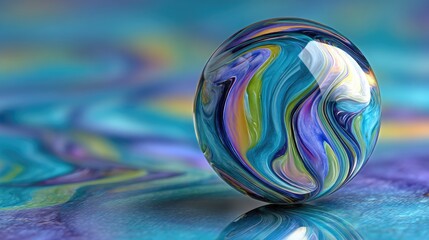 Vibrant sphere with swirling colors and reflections.