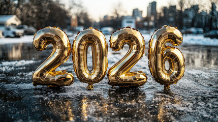 Wall Mural - golden foil balloons shaped as numbers 2026 on a festive bright background with bokeh lights, symbol